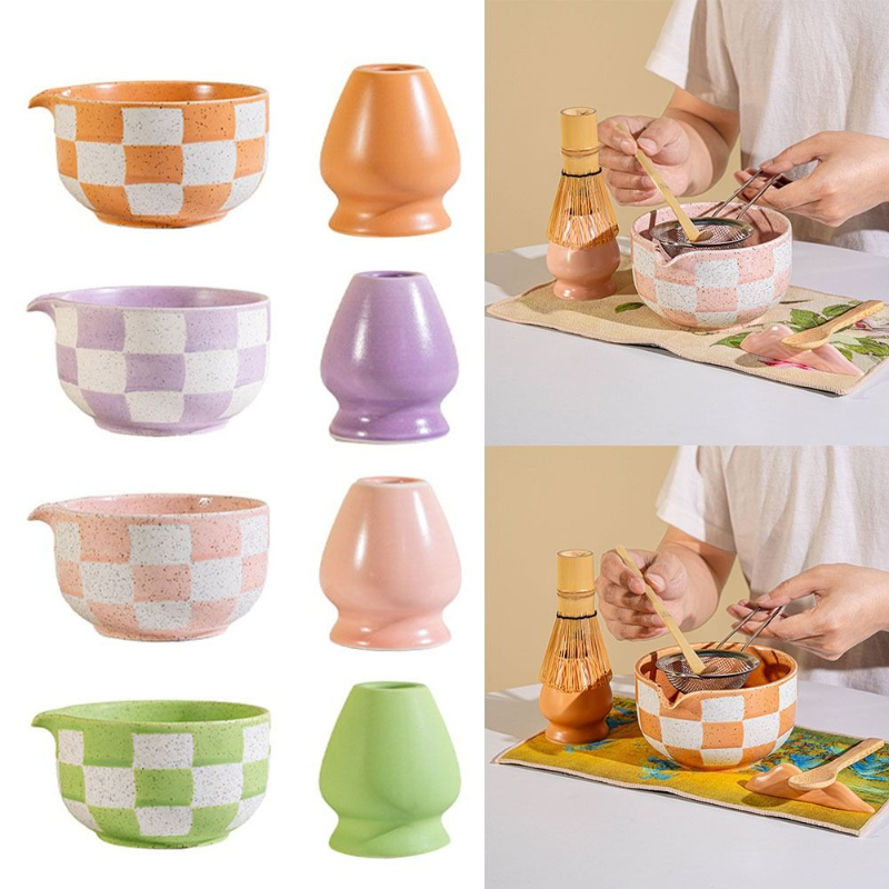 Checkerboard Ceramic Bowl with Bamboo Whisk • Matcha Tea Set