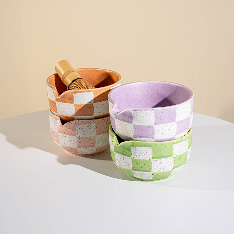 Checkerboard Ceramic Bowl with Bamboo Whisk • Matcha Tea Set