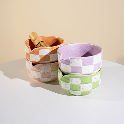 Checkerboard Ceramic Bowl with Bamboo Whisk • Matcha Tea Set