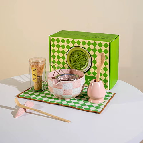 Checkerboard Ceramic Bowl with Bamboo Whisk • Matcha Tea Set
