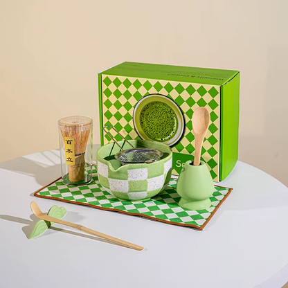 Checkerboard Ceramic Bowl with Bamboo Whisk • Matcha Tea Set