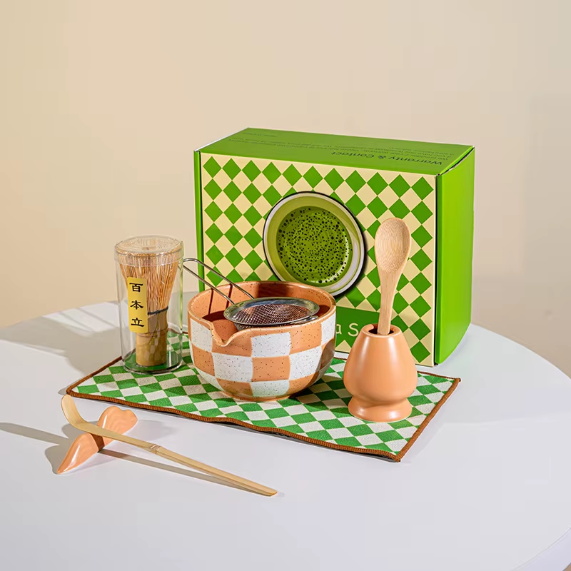 Checkerboard Ceramic Bowl with Bamboo Whisk • Matcha Tea Set