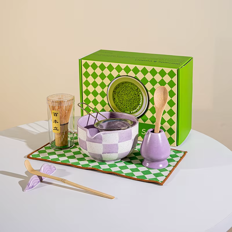 Checkerboard Ceramic Bowl with Bamboo Whisk • Matcha Tea Set